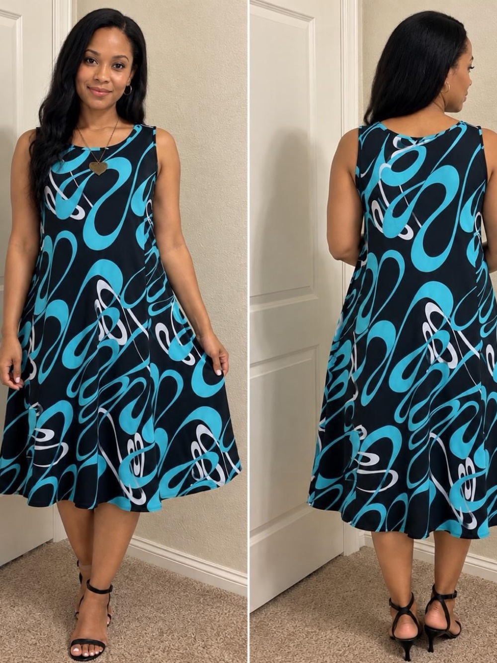 Y2K Retro Artsy Swirl Midi Dress Sleeveless A-Line Swing Flowy Tank Dress Mod